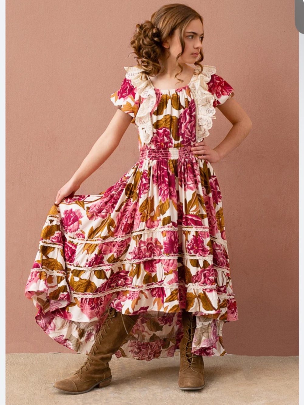 Mia Joy Joyfolie Pink Floral Midi Dress with Cream Lace Ruffle